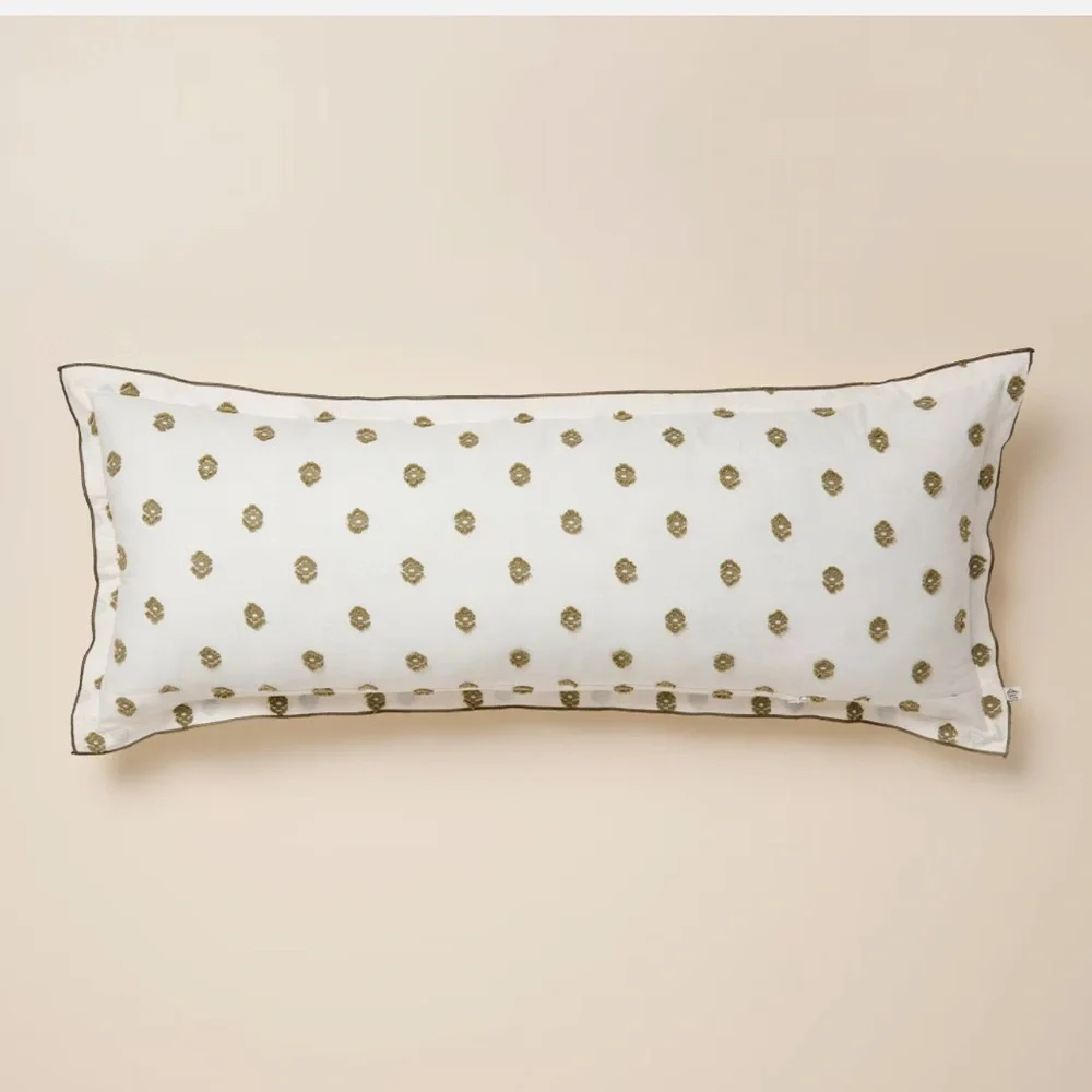Hearth & Hand NWT Clipped Dobby Embroidered Lumbar Green Throw Pillow 36x14 NEW